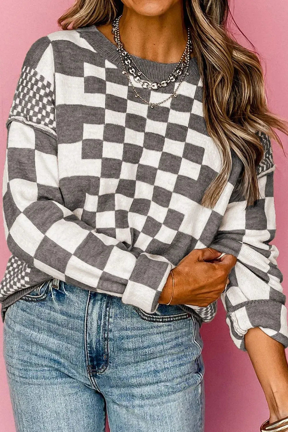 Women Checkered Round Neck Long Sleeve Sweater