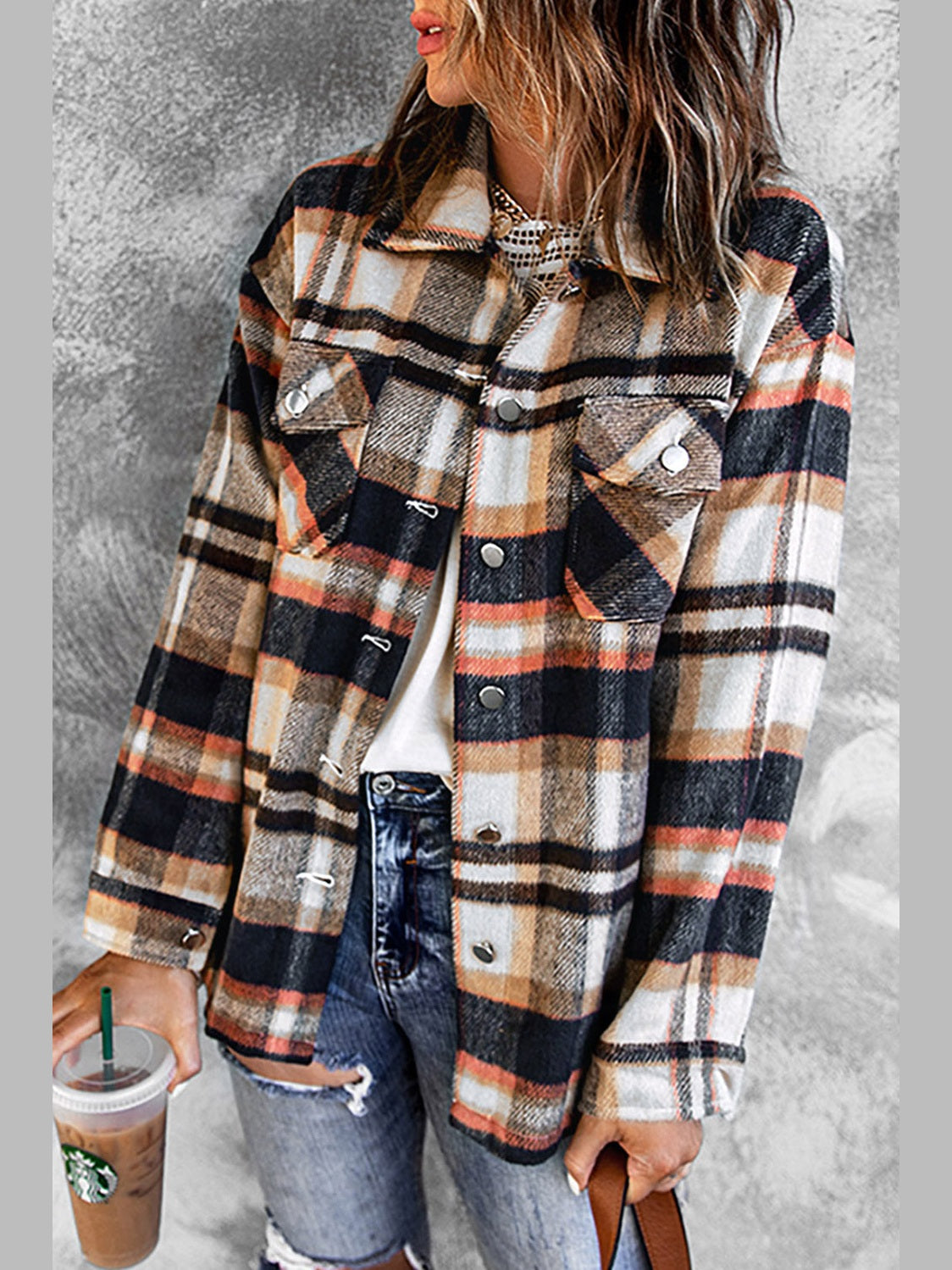 Plaid Button Front Shirt Jacket with Breast Pockets nicholesgifts