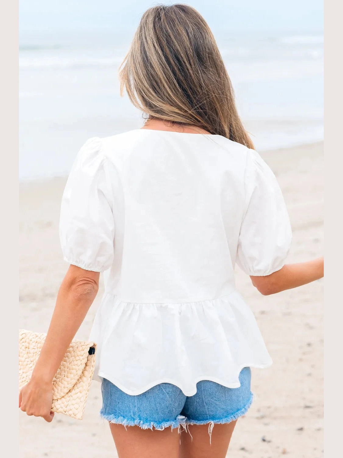 Bow Knot Decor Square Neck Puff Sleeve Peplum Top NicholesGifts