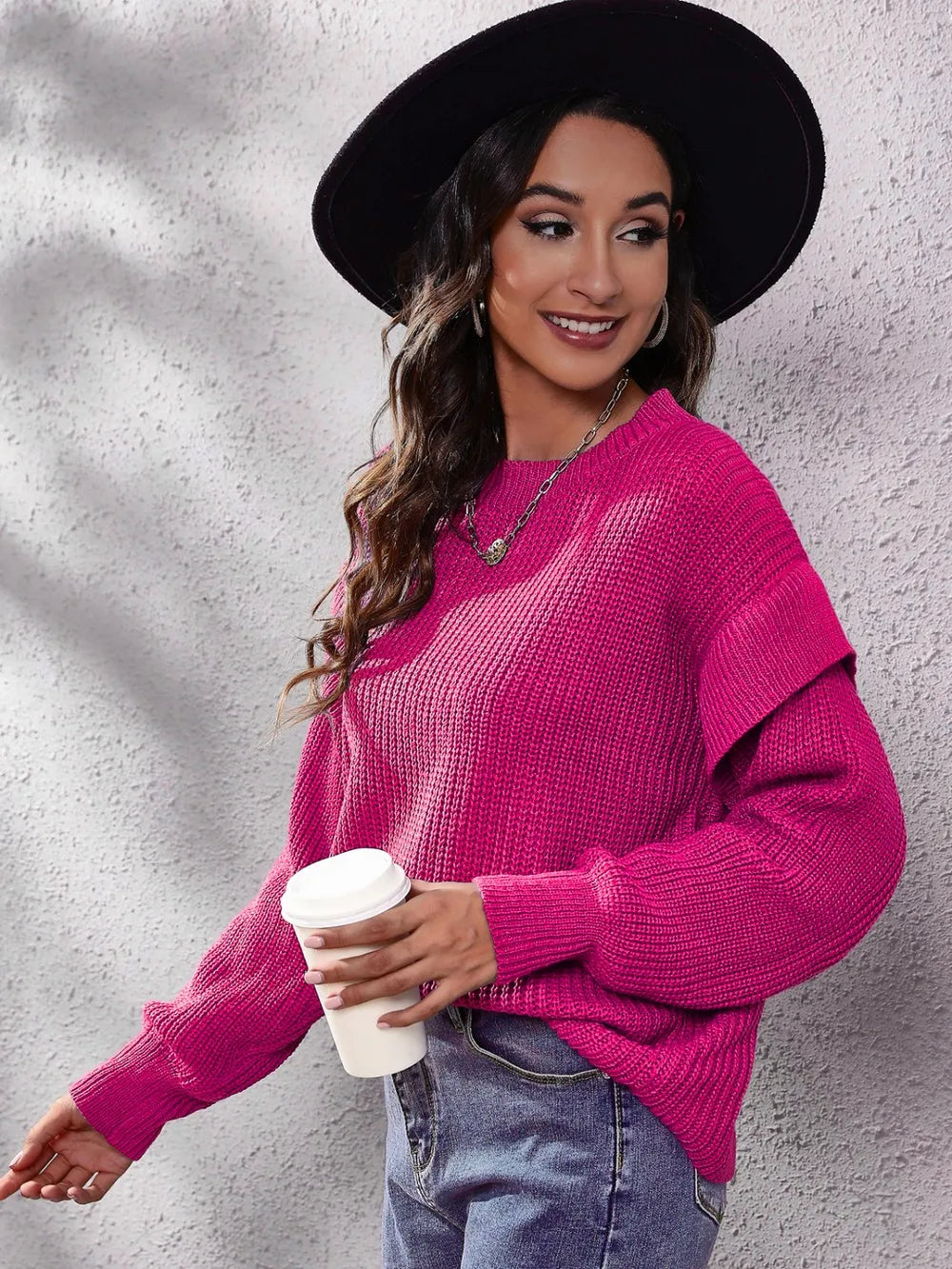 Ruffled Round Neck Dropped Shoulder Sweater Trendsi