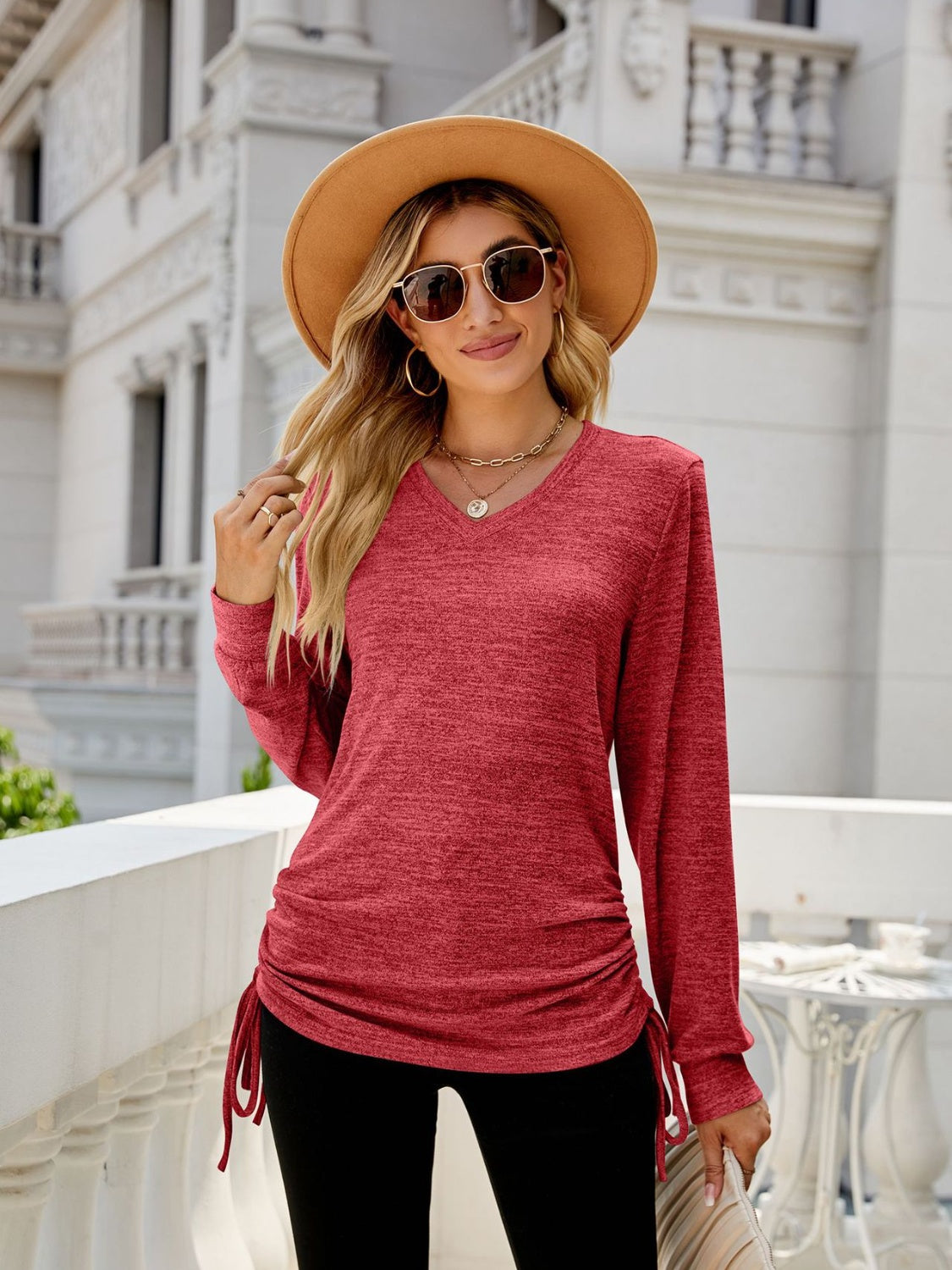 Women Drawstring V-Neck Long Sleeve T-Shirt nicholesgifts