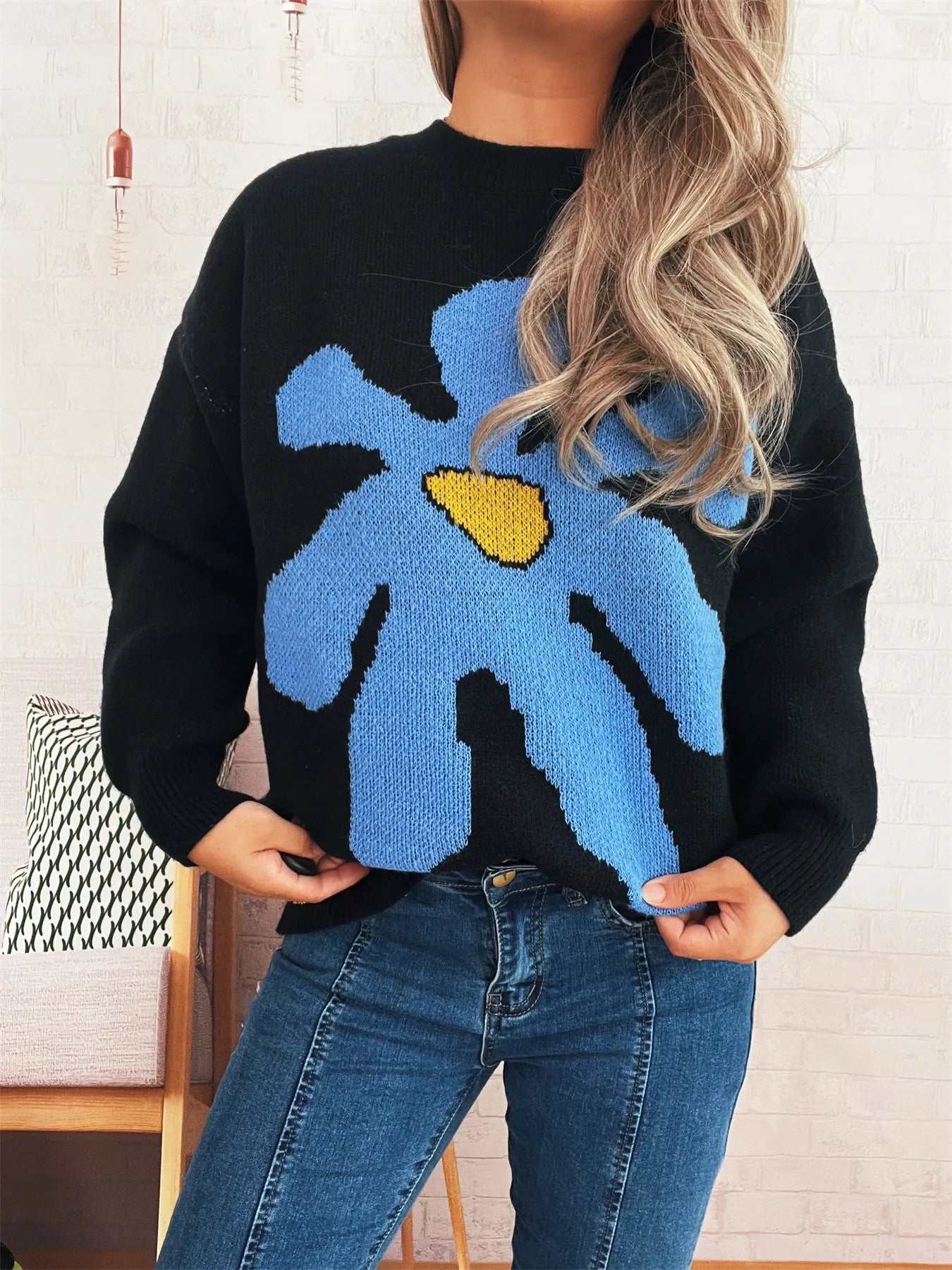 Flower Dropped Shoulder Sweater
