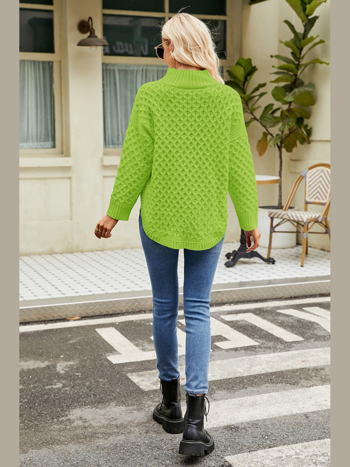Slit Long Sleeve Mock Neck Sweater Trendsi