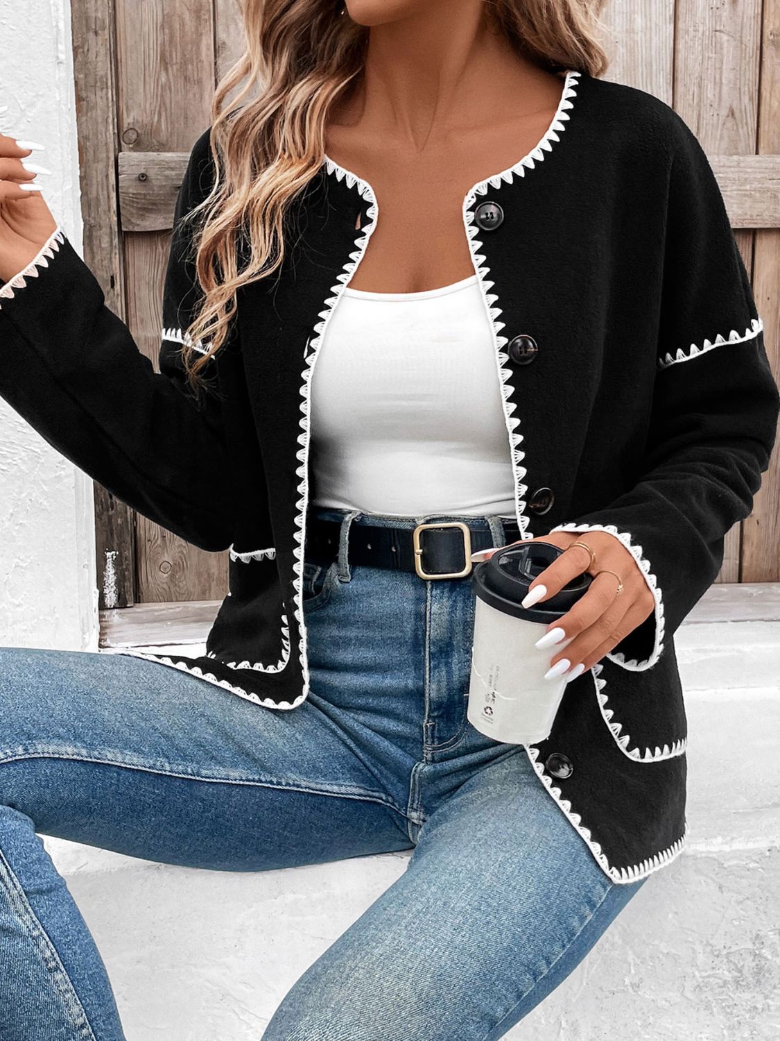 Perfee Pocketed Contrast Button Up Jacket nicholesgifts