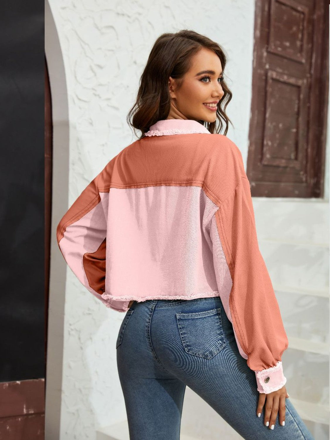 Color Block Crop Jacket with Pockets nicholesgifts