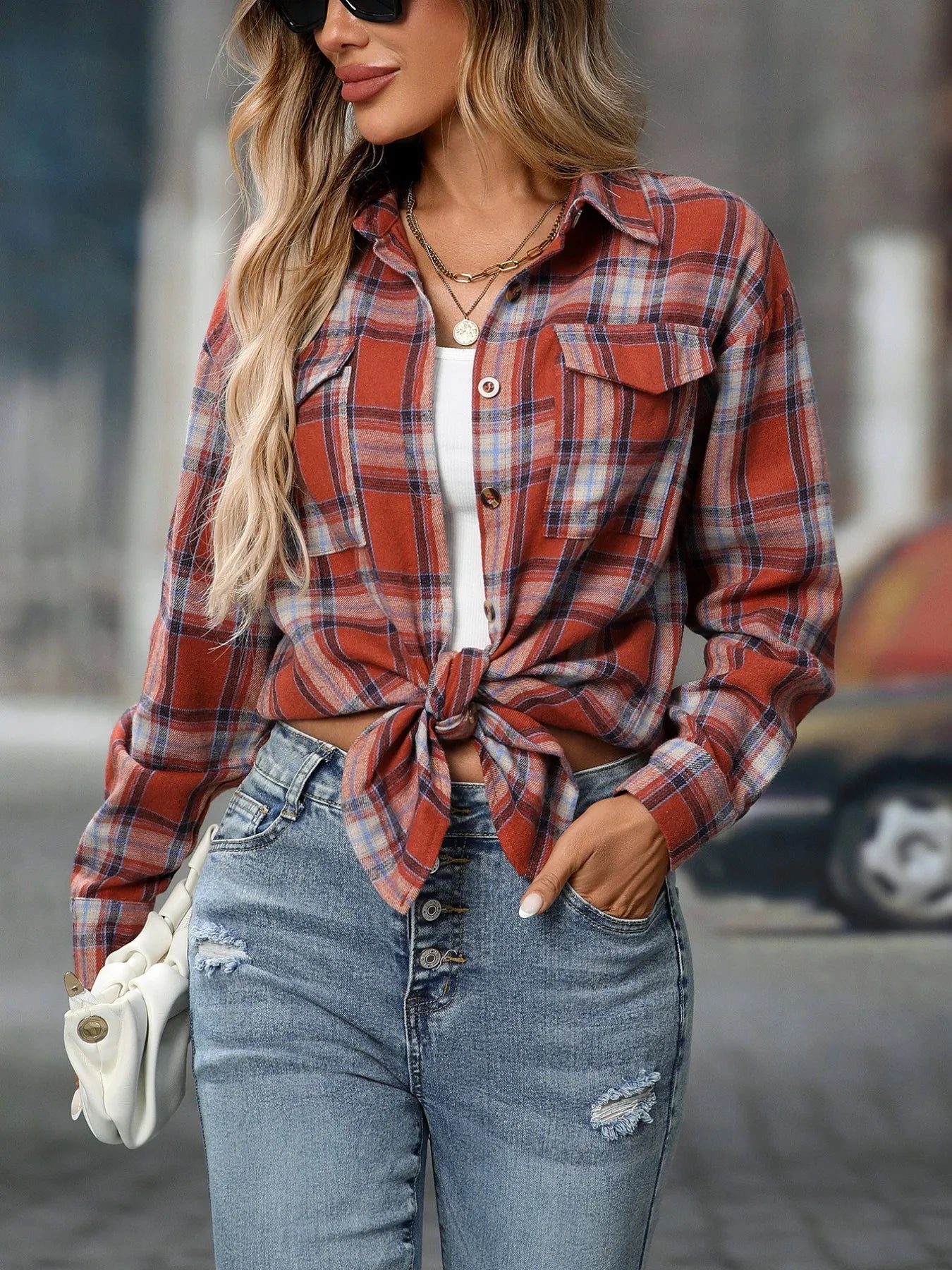 Plaid Button-Down Oversized Shirt Trendsi