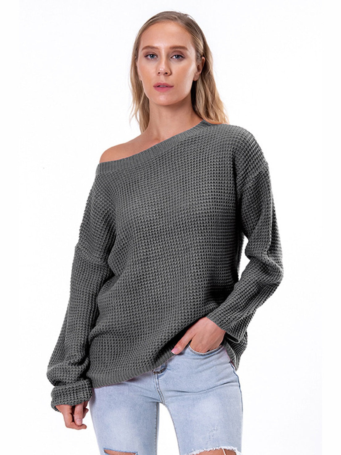 Boat Neck Drop Shoulder Long Sleeve Sweater nicholesgifts