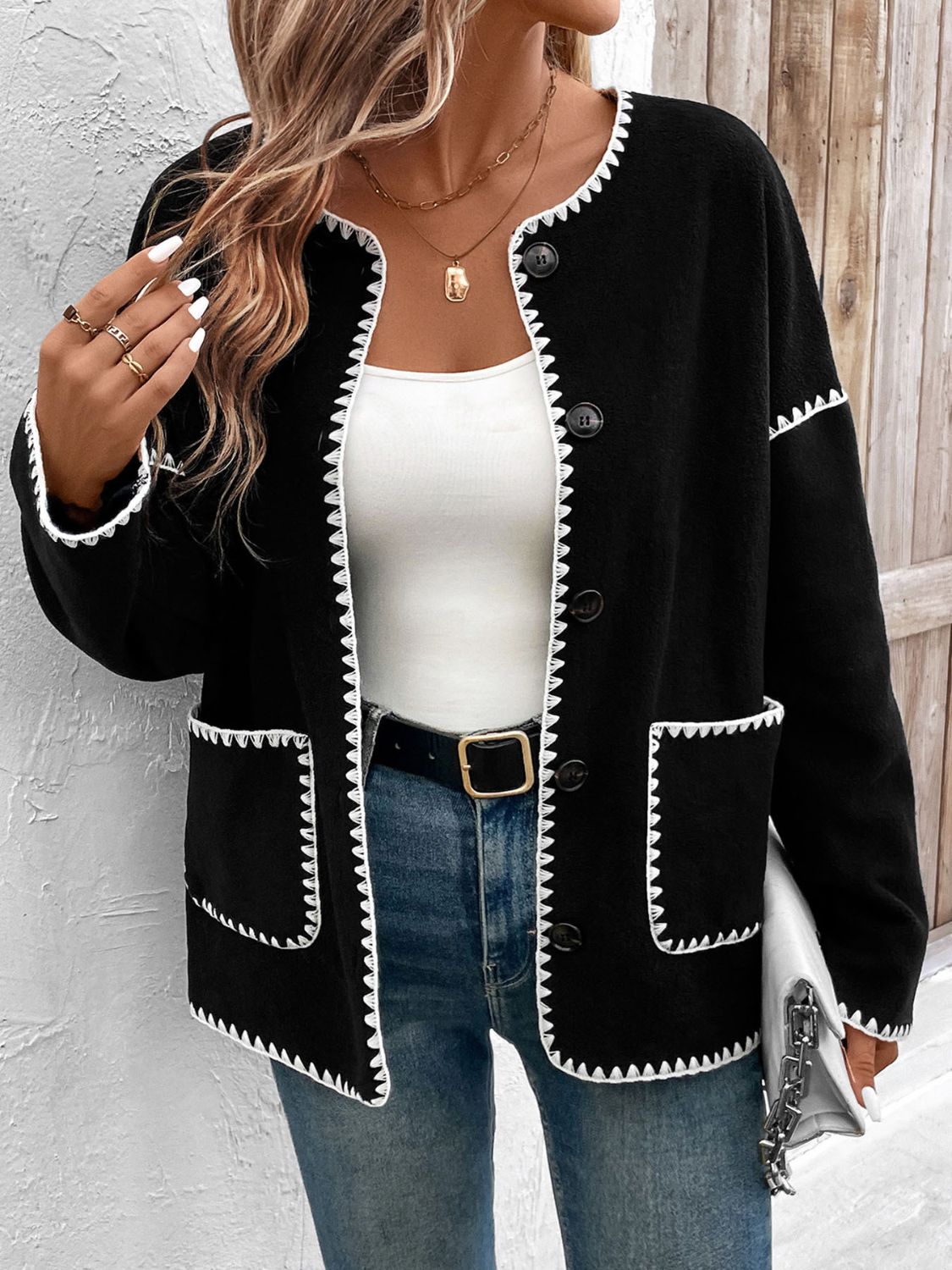 Perfee Pocketed Contrast Button Up Jacket nicholesgifts