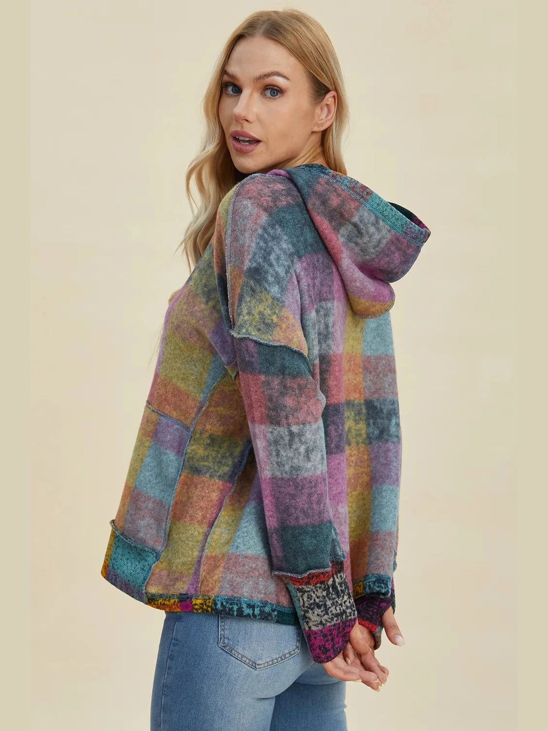Double Take Full Size Plaid Dropped Shoulder Fleece Hoodie Trendsi
