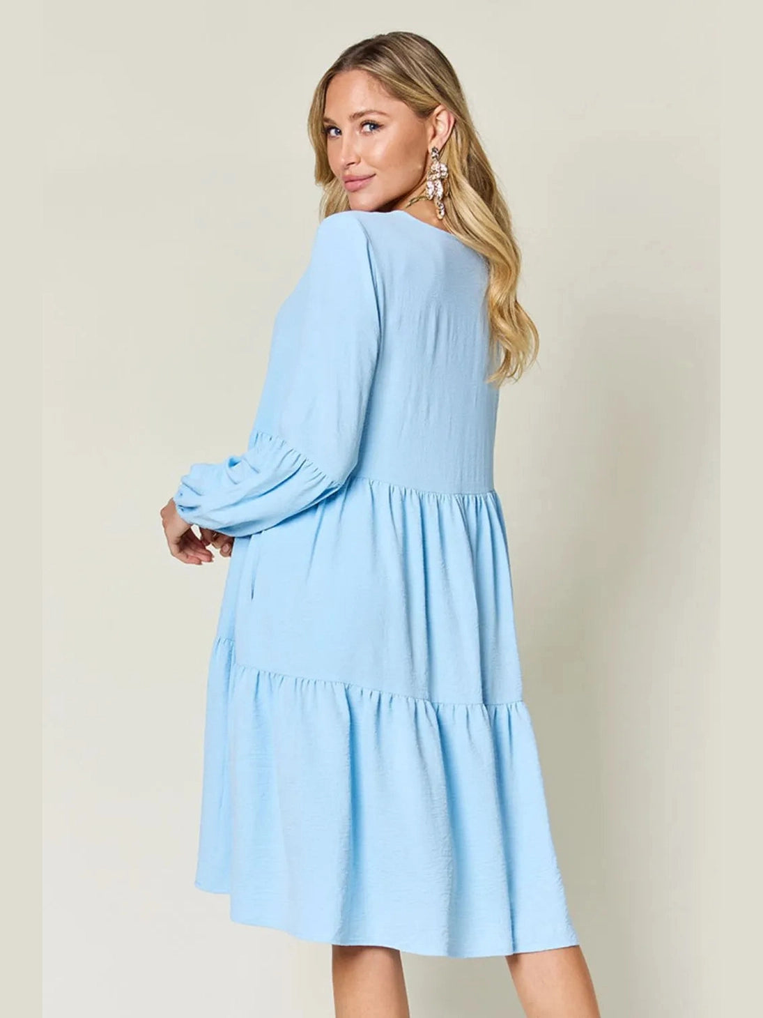 Double Take Full Size V-Neck Balloon Sleeve Tiered Dress with Pockets nicholesgifts