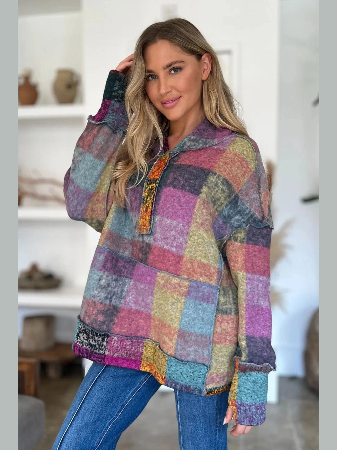 Double Take Full Size Plaid Dropped Shoulder Fleece Hoodie Trendsi