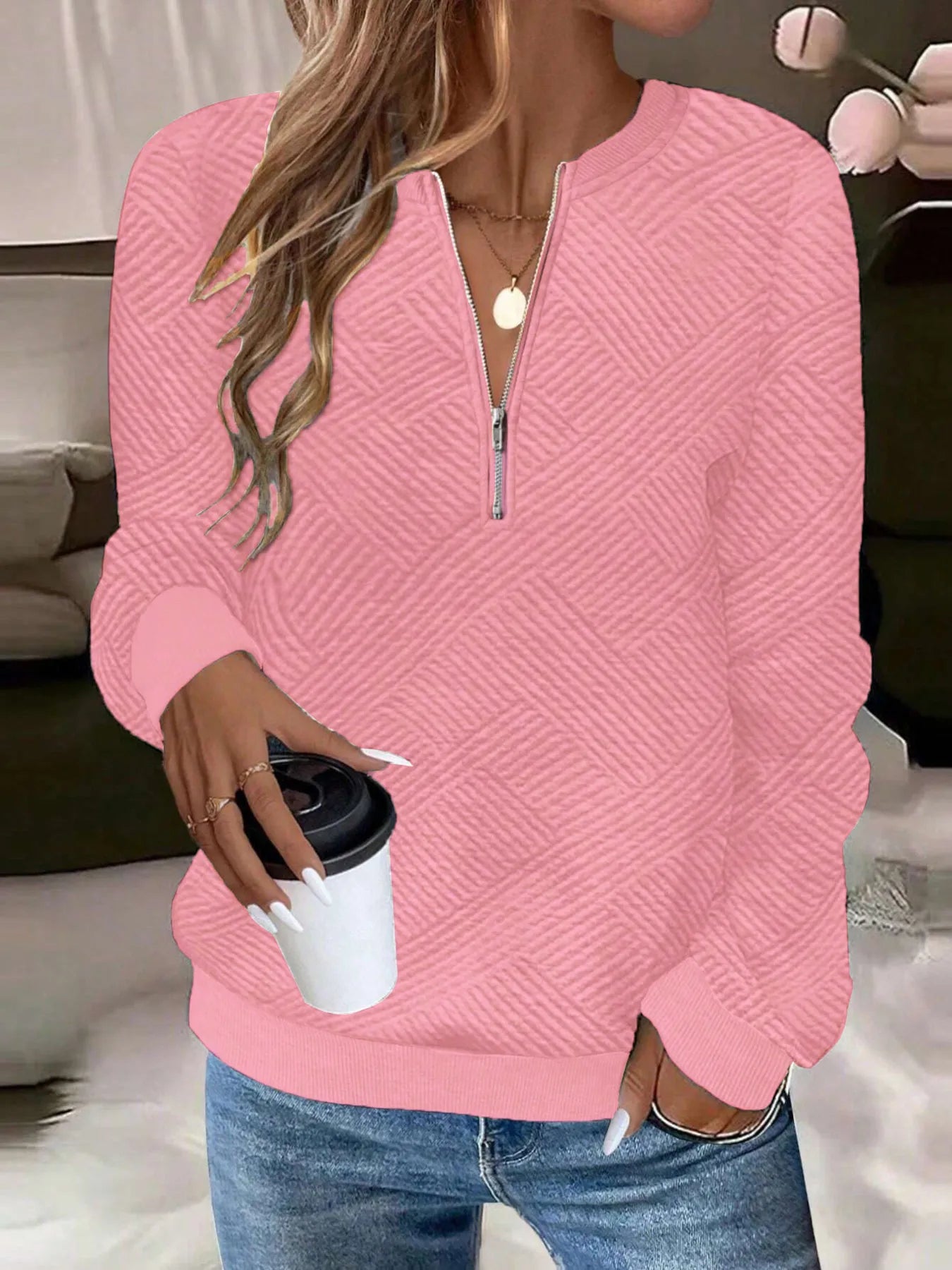 Quarter Zip Textured Long Sleeve Sweatshirt NicholesGifts