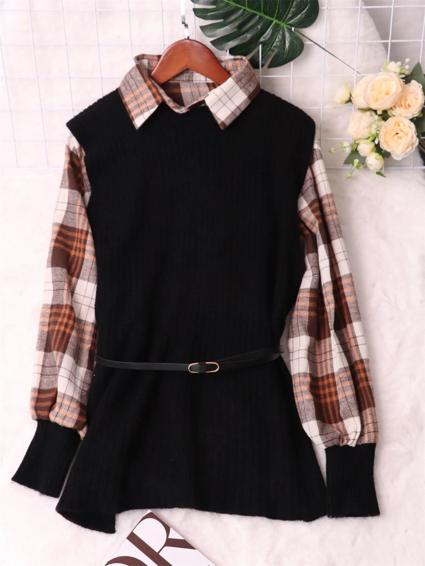 Plaid Long Sleeve Sweater Dress