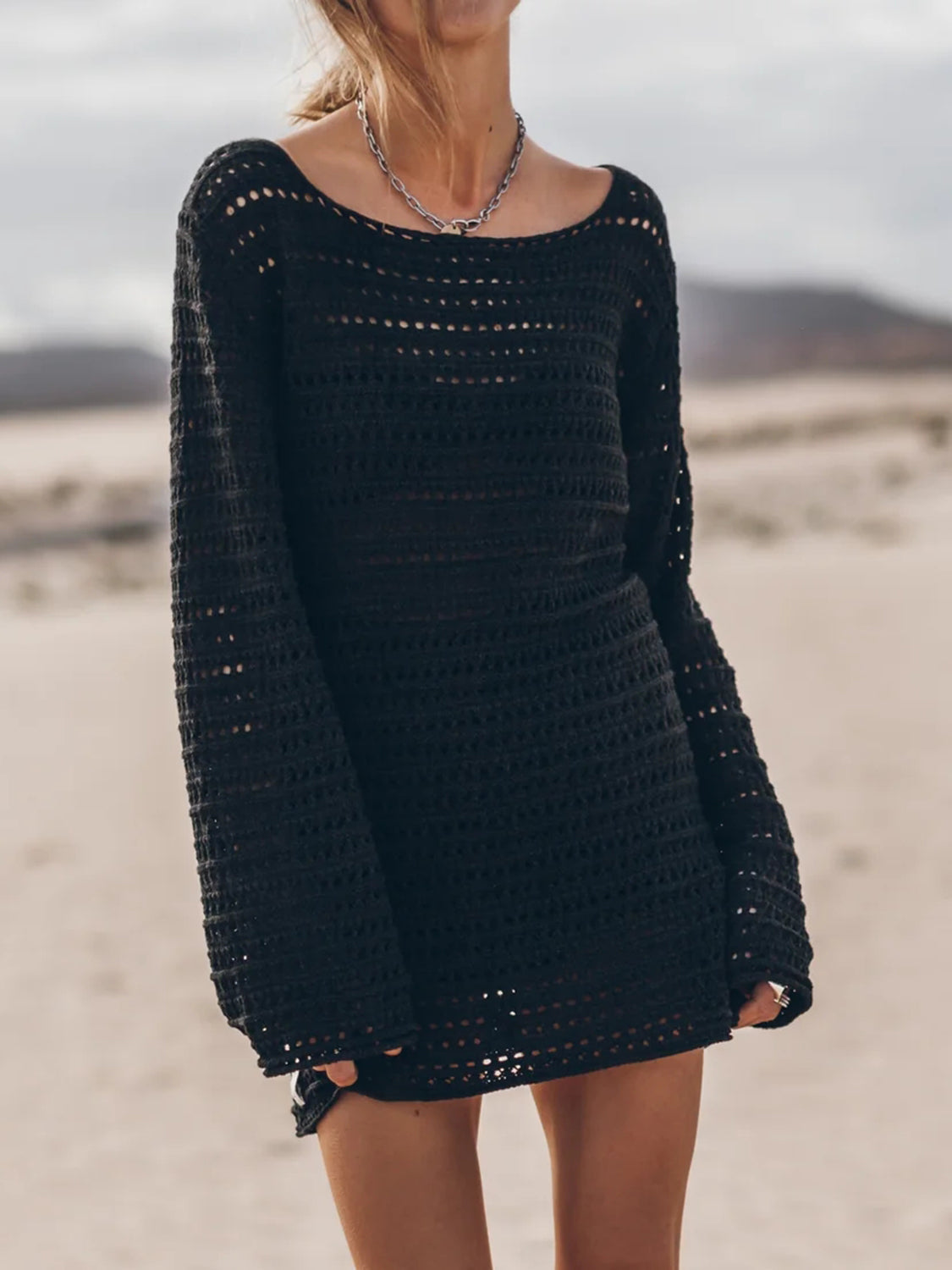 Openwork Tied Open Back Sweater Trendsi