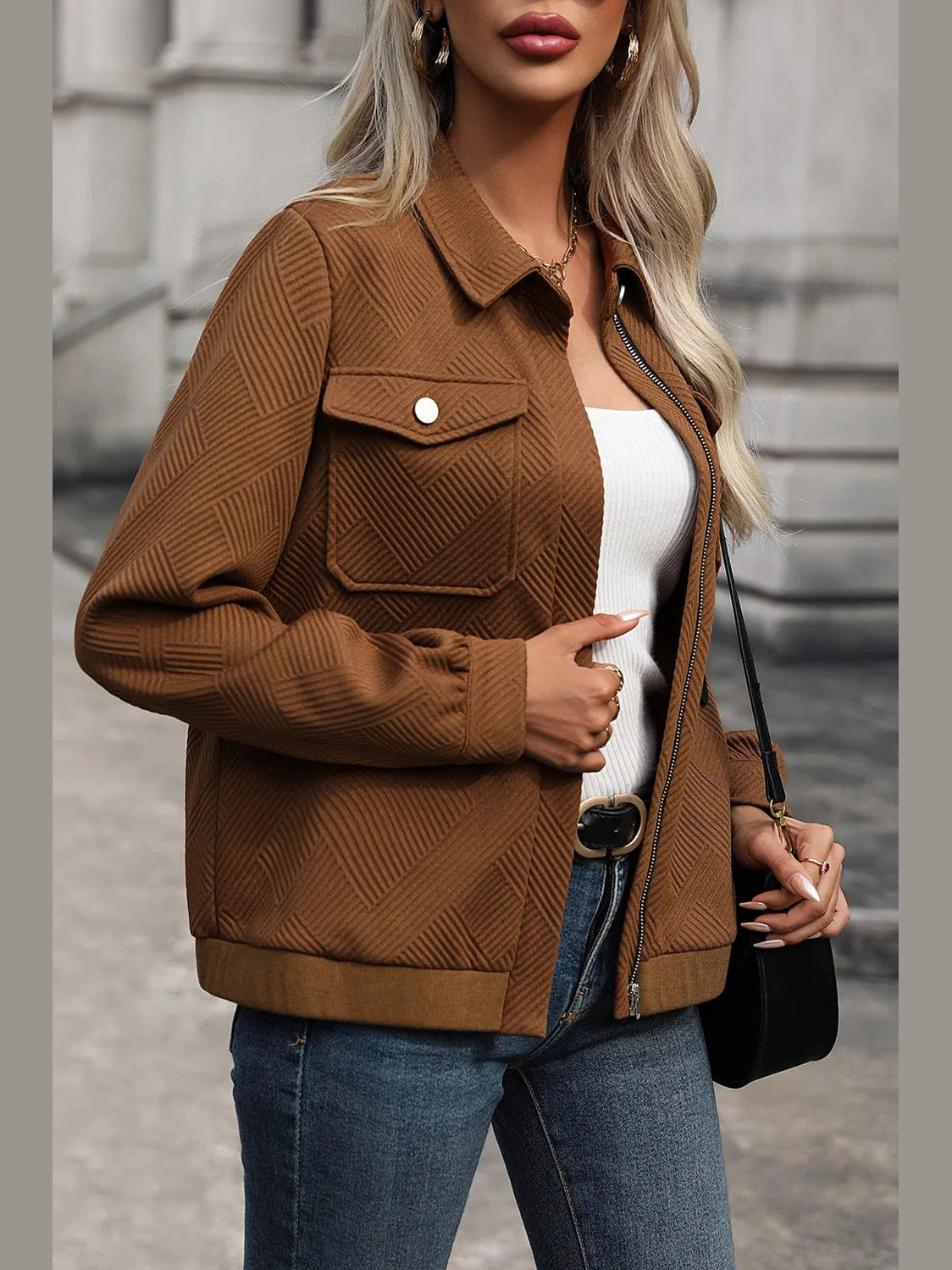 Perfee Textured Zip Up Collared Neck Jacket nicholesgifts