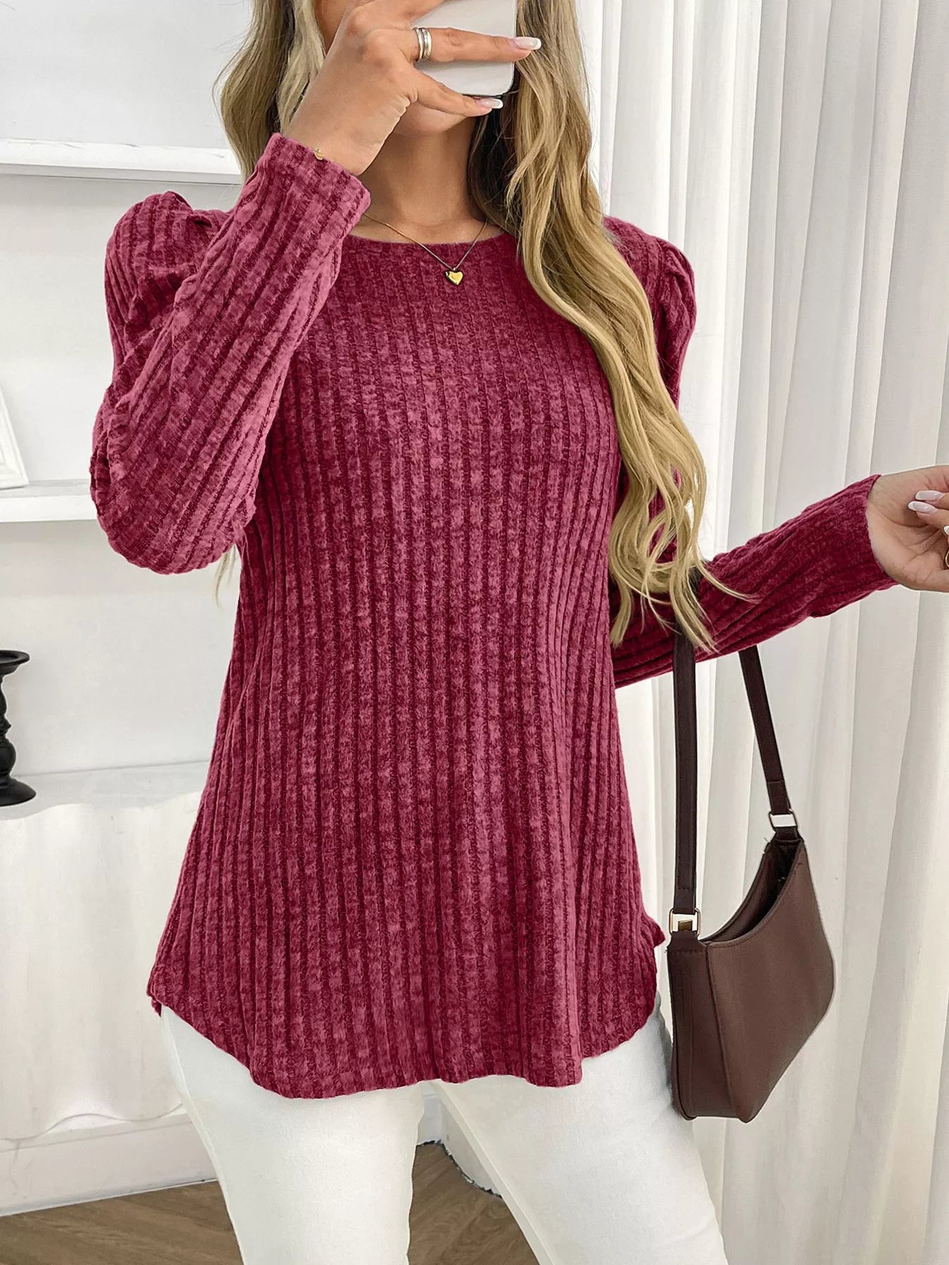 Round Neck Puff Sleeve T-Shirt Trendsi