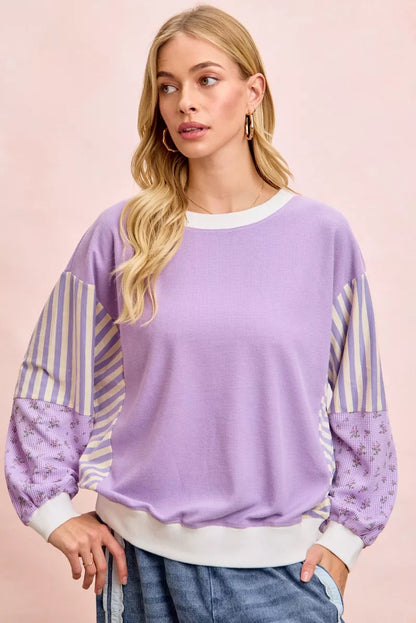 BiBi Mix and Match Sweatshirt with Floral Sleeve Striped Trendsi