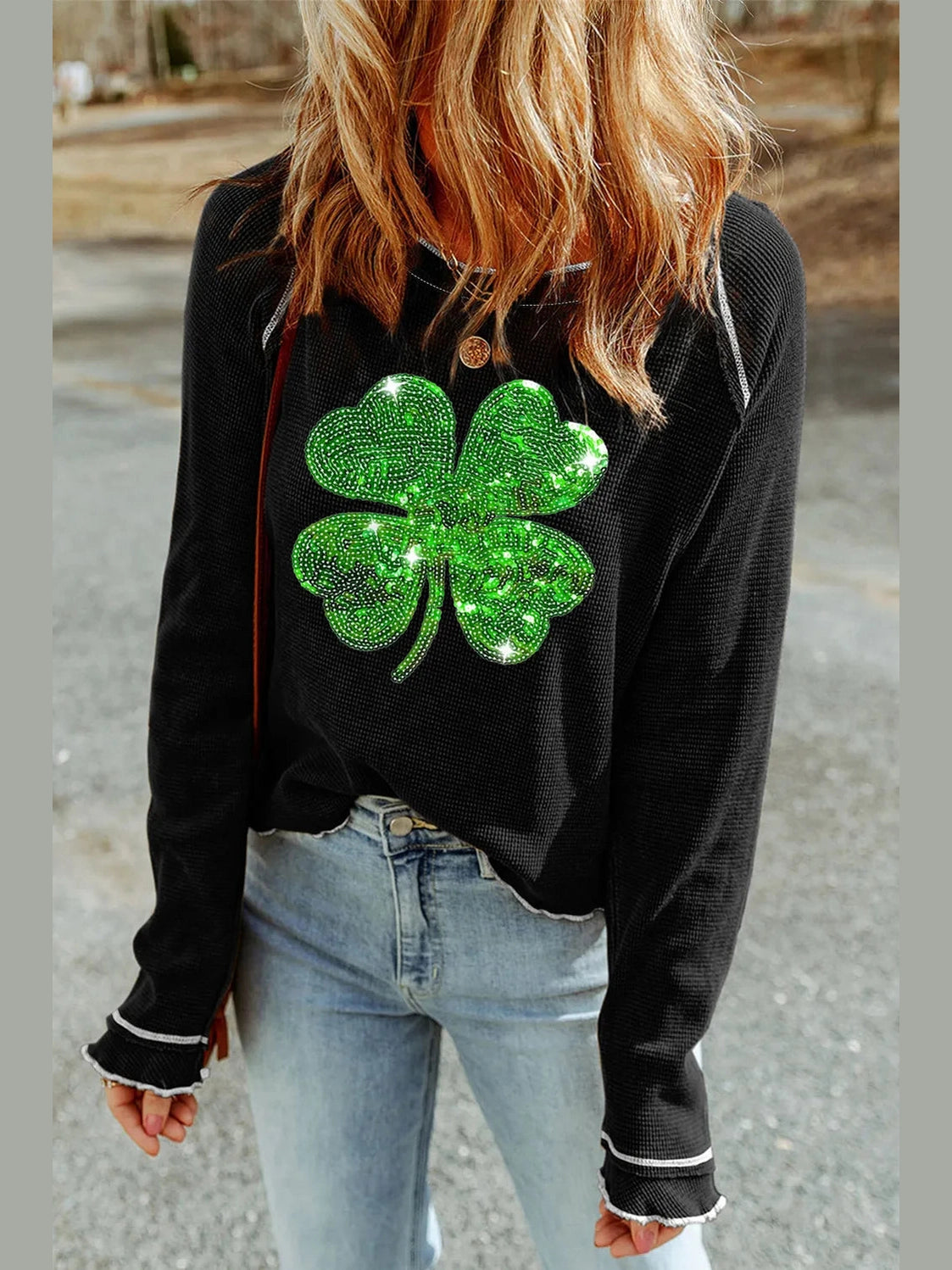 Sequin Lucky Clover Lettuce Trim Long Sleeve Top nicholesgifts