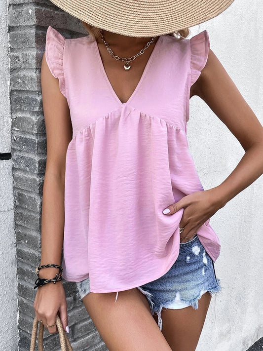 Ruffled V-Neck Cap Sleeve Blouse nicholesgifts