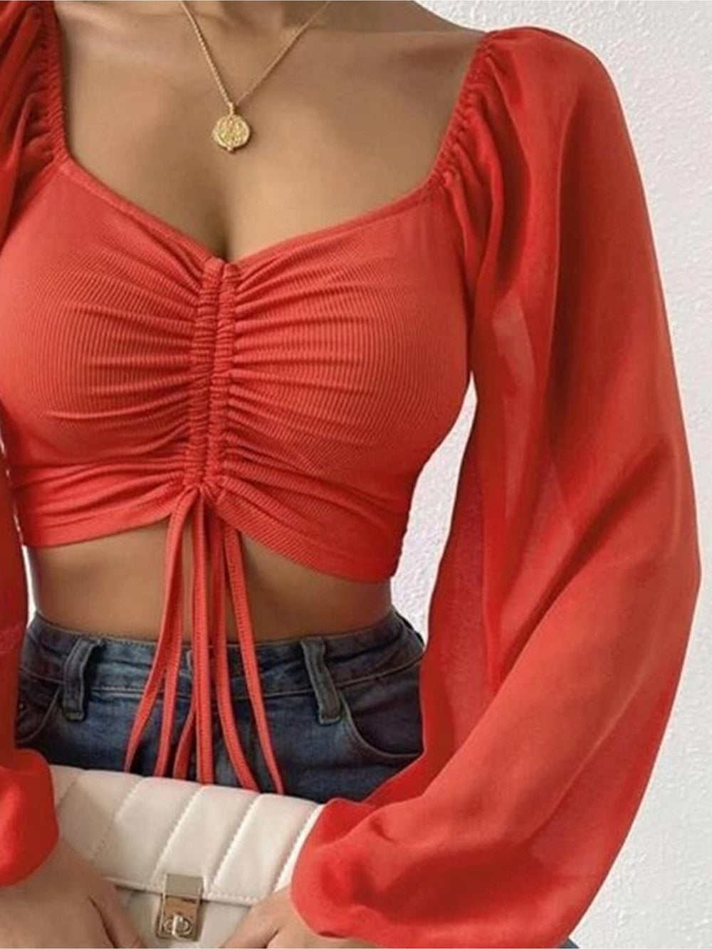 Women Drawstring Sweetheart Neck Cropped Top nicholesgifts