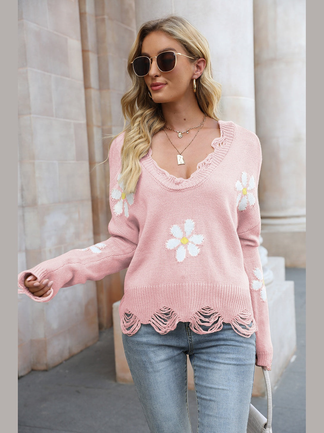 Flower Distressed Long Sleeve Sweater Trendsi