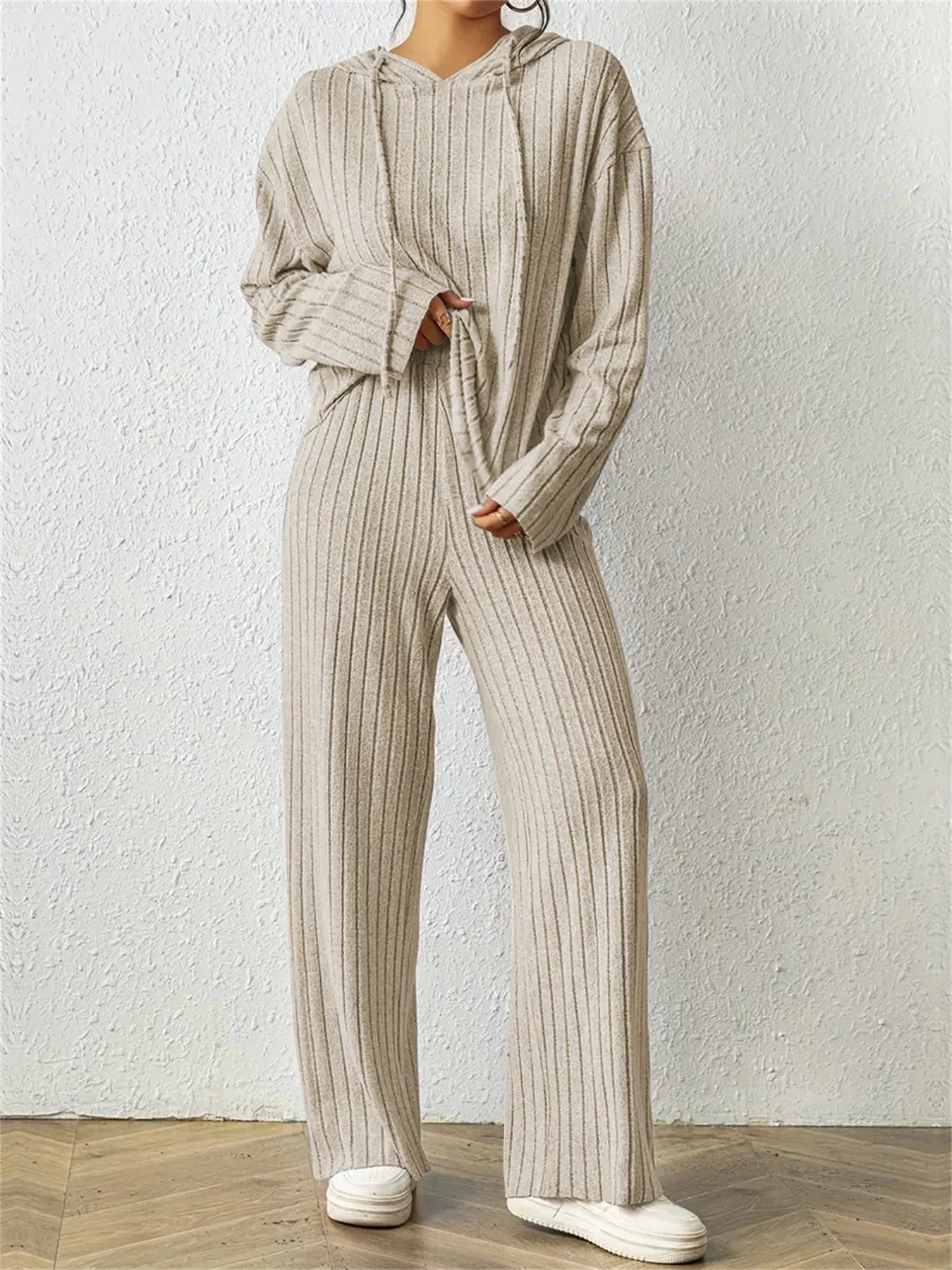 Ribbed Drawstring Hoodie and Pants Set Trendsi