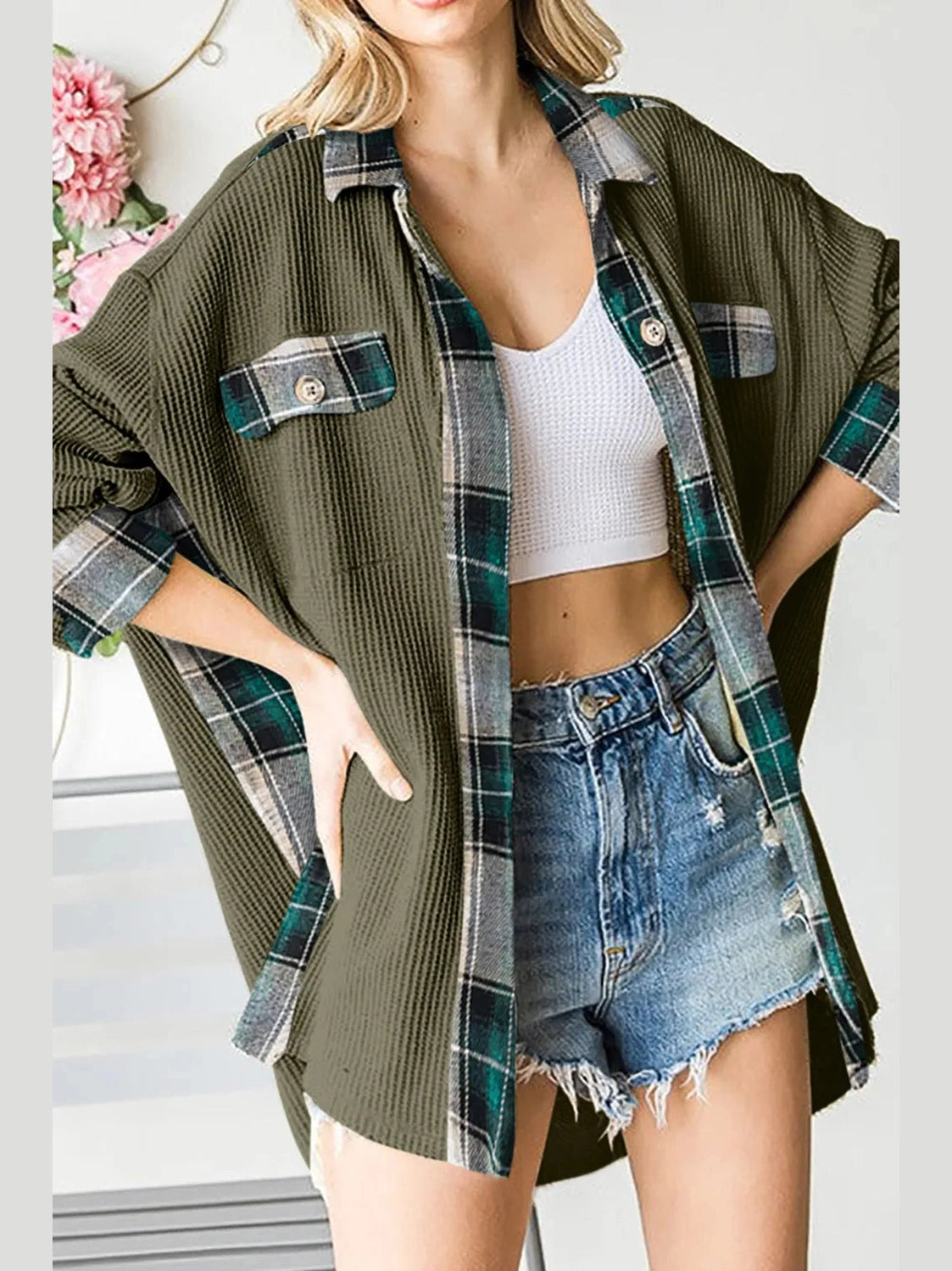 Plaid Button Down Collared Jacket nicholesgifts