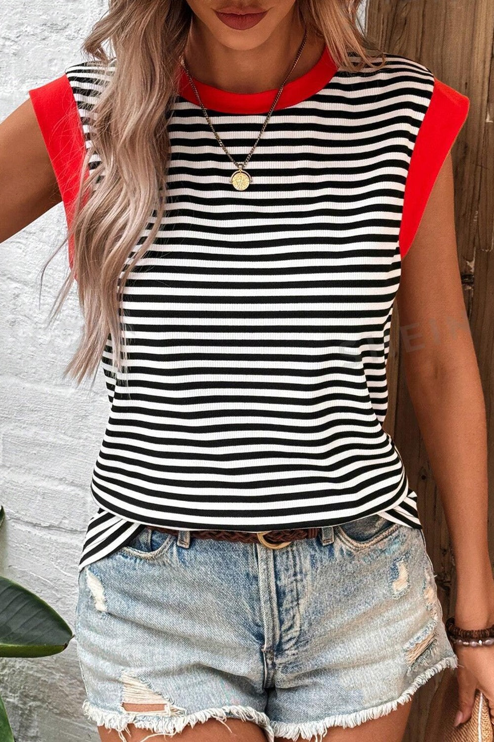 Striped Round Neck Cap Sleeve Top nicholesgifts