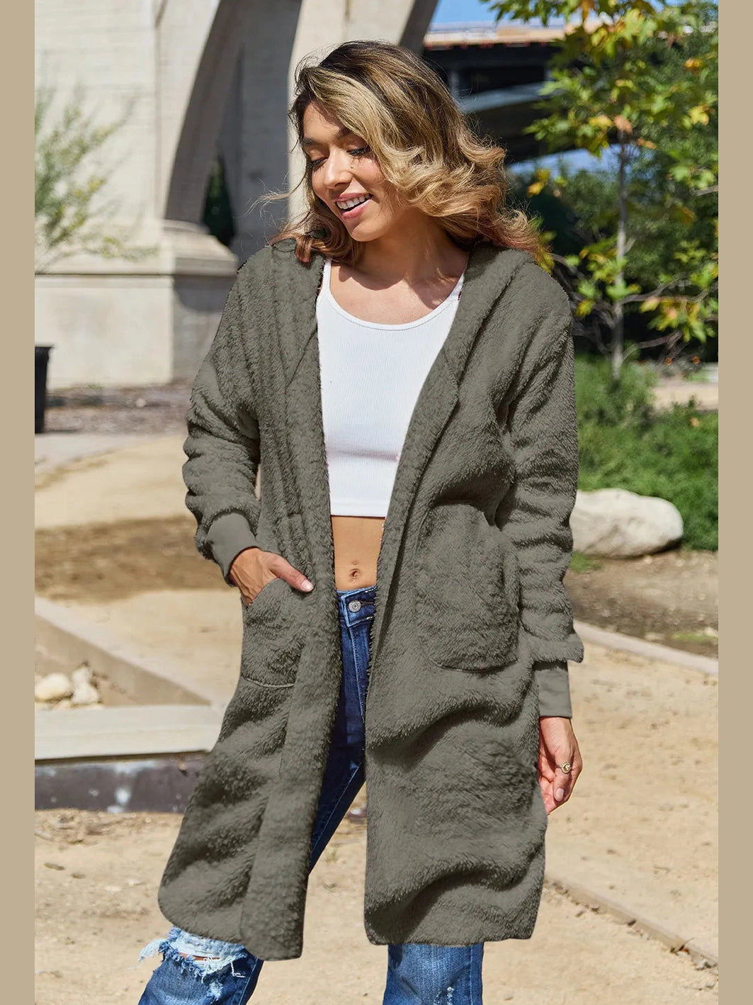 Double Take Full Size Hooded Teddy Bear Jacket with Thumbholes nicholesgifts