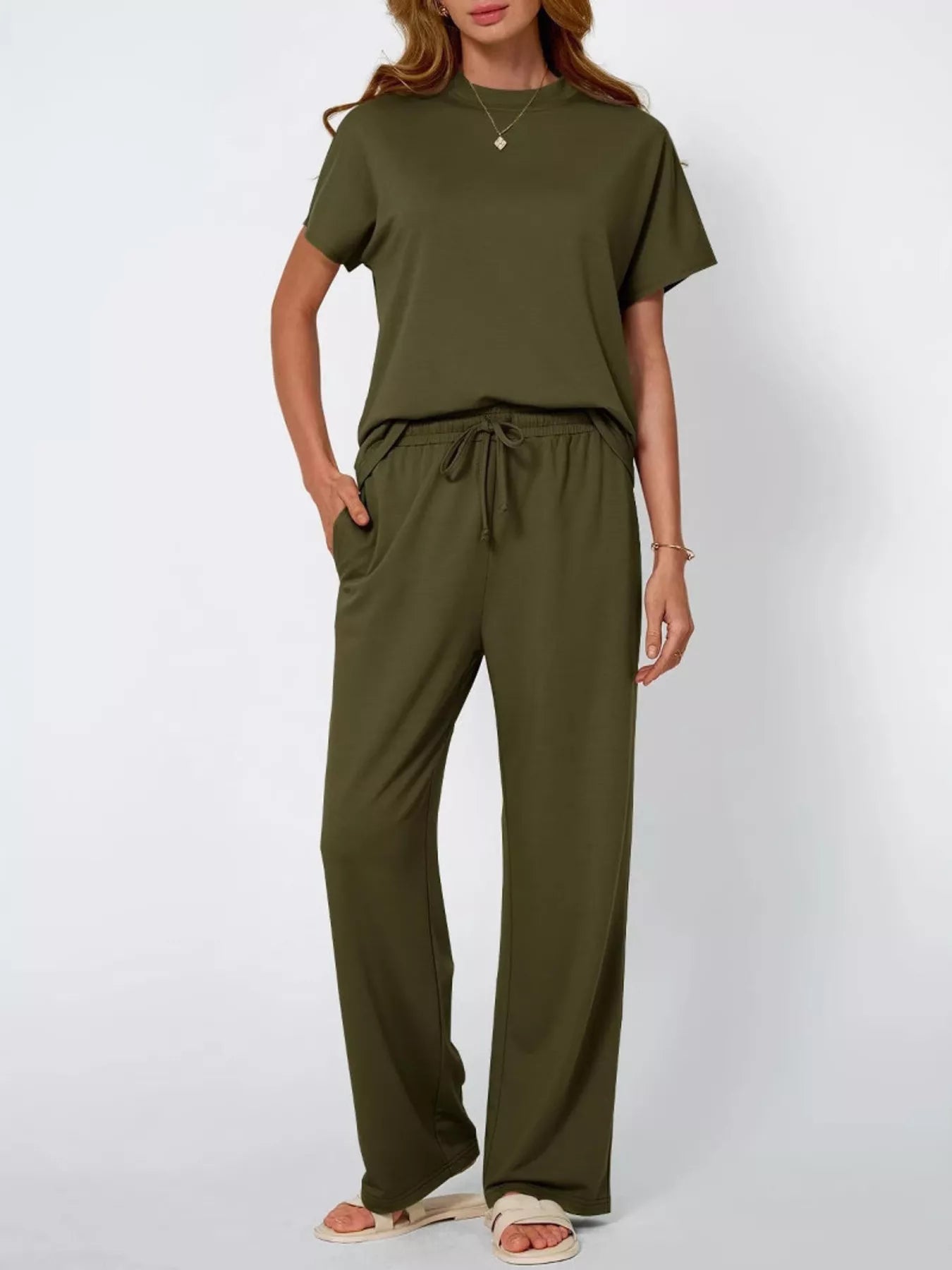 Full Size Round Neck Short Sleeve Top and Pants Set Plus Size Trendsi