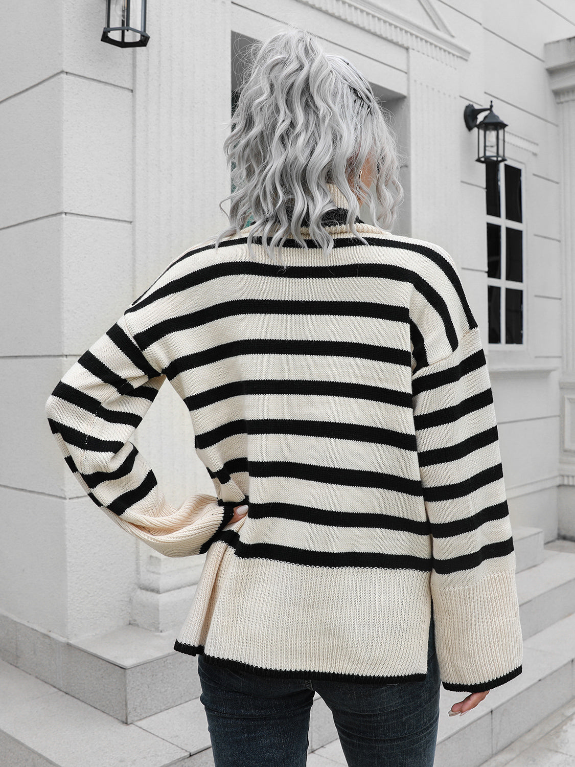 Striped Slit Turtleneck Drop Shoulder Sweater nicholesgifts