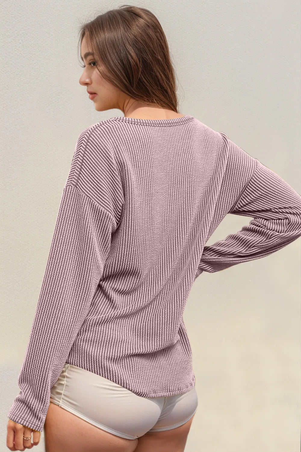 Double Take Striped Notched Long Sleeve T-Shirt NicholesGifts