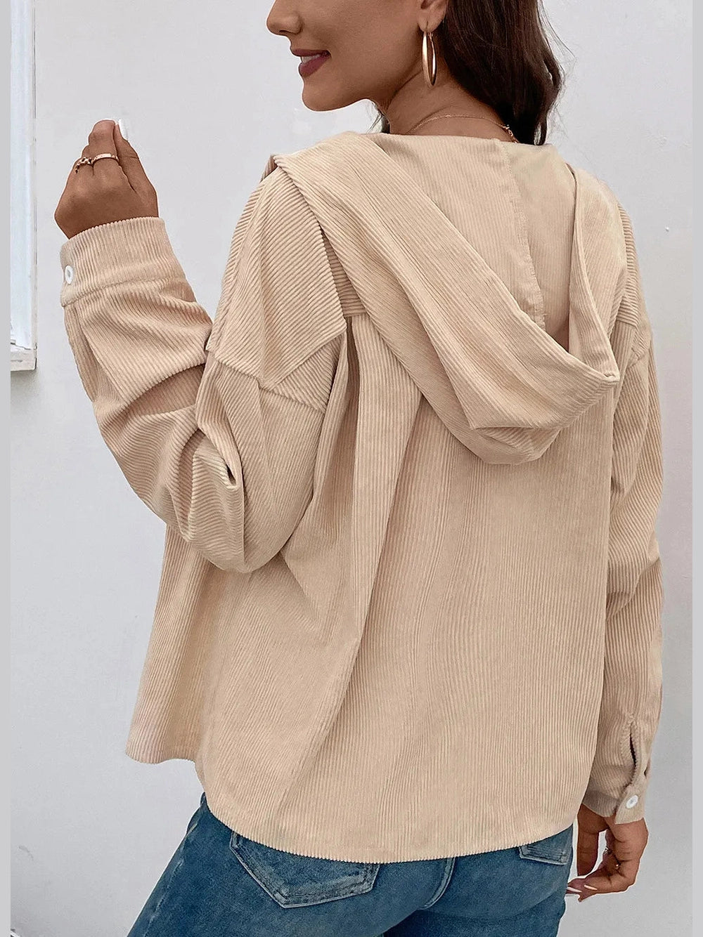 Perfee Ribbed Button Up Drawstring Hooded Jacket nicholesgifts