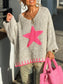 Star V-Neck Long Sleeve Oversize Sweater nicholesgifts