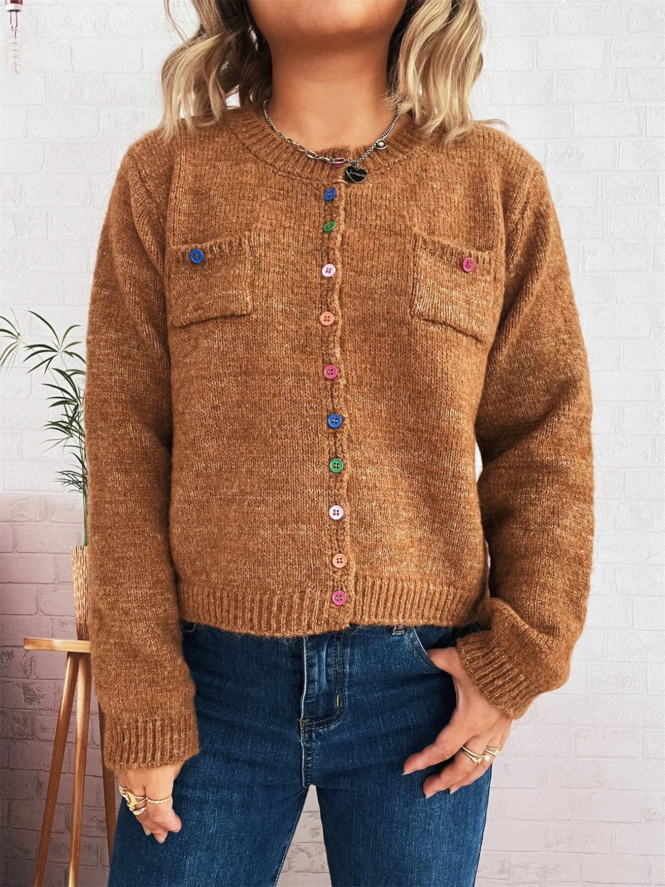 Button-Up Ribbed Hem Cardigan with Chest Pocket