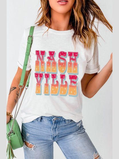 Letter Graphic Round Neck Short Sleeve T-Shirt nicholesgifts