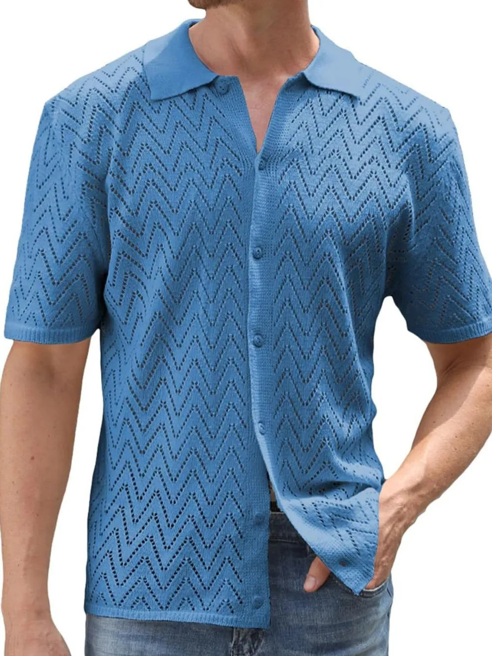 Men's Full Size Openwork Button Down Short Sleeve Shirt Plus Size NicholesGifts