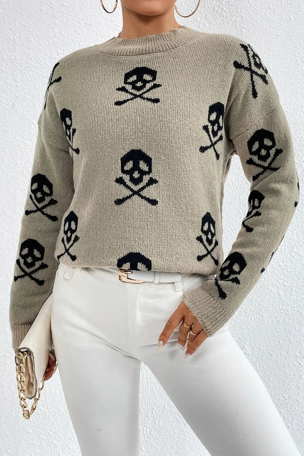Women Graphic Mock Neck Dropped Shoulder Sweater