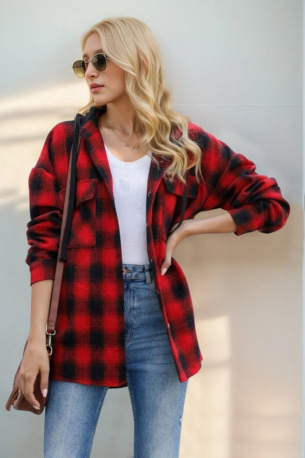 Double Take Drawstring Plaid Long Sleeve Hooded Shacket Trendsi