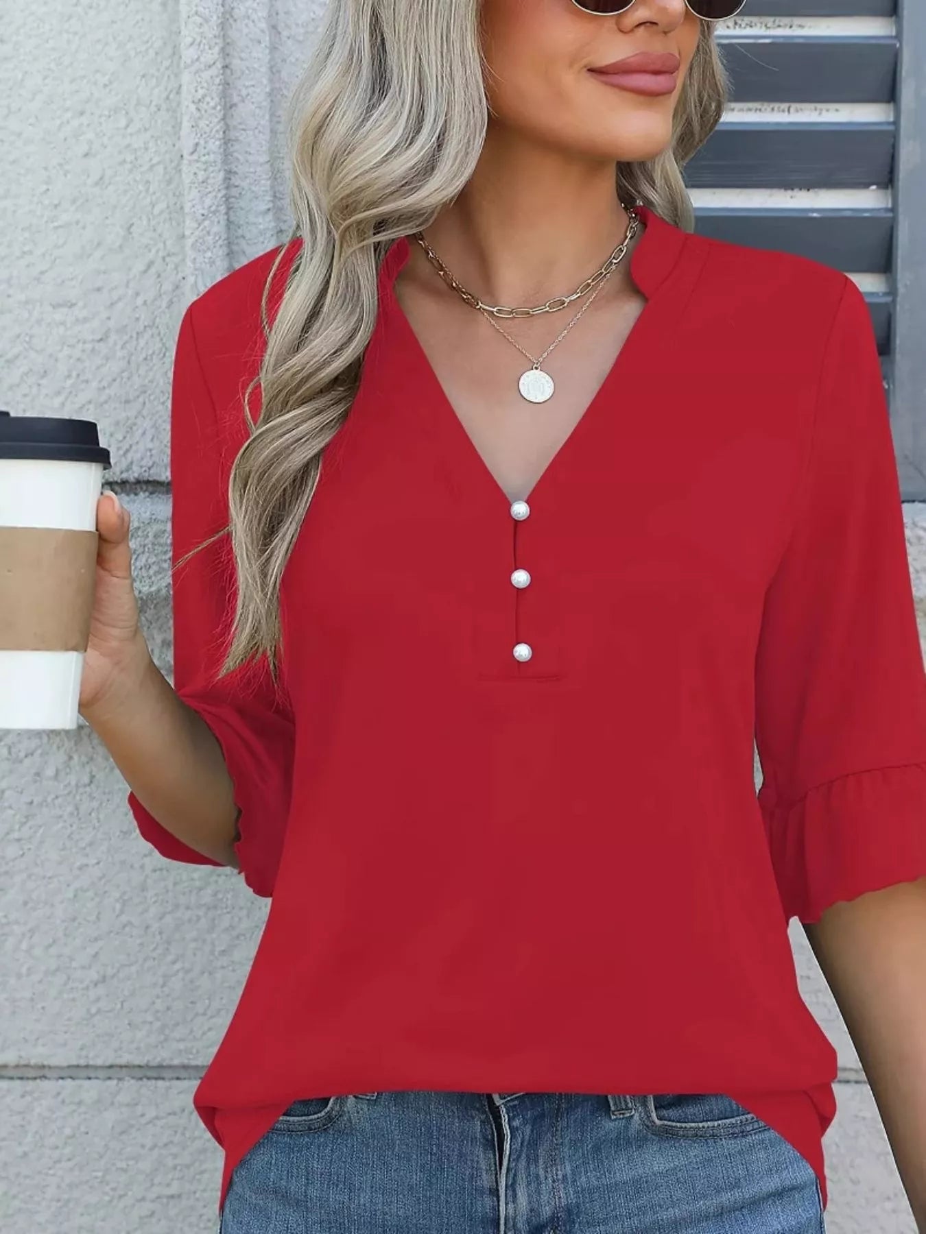 Full Size Notched Flounce Sleeve Blouse Plus Size Trendsi