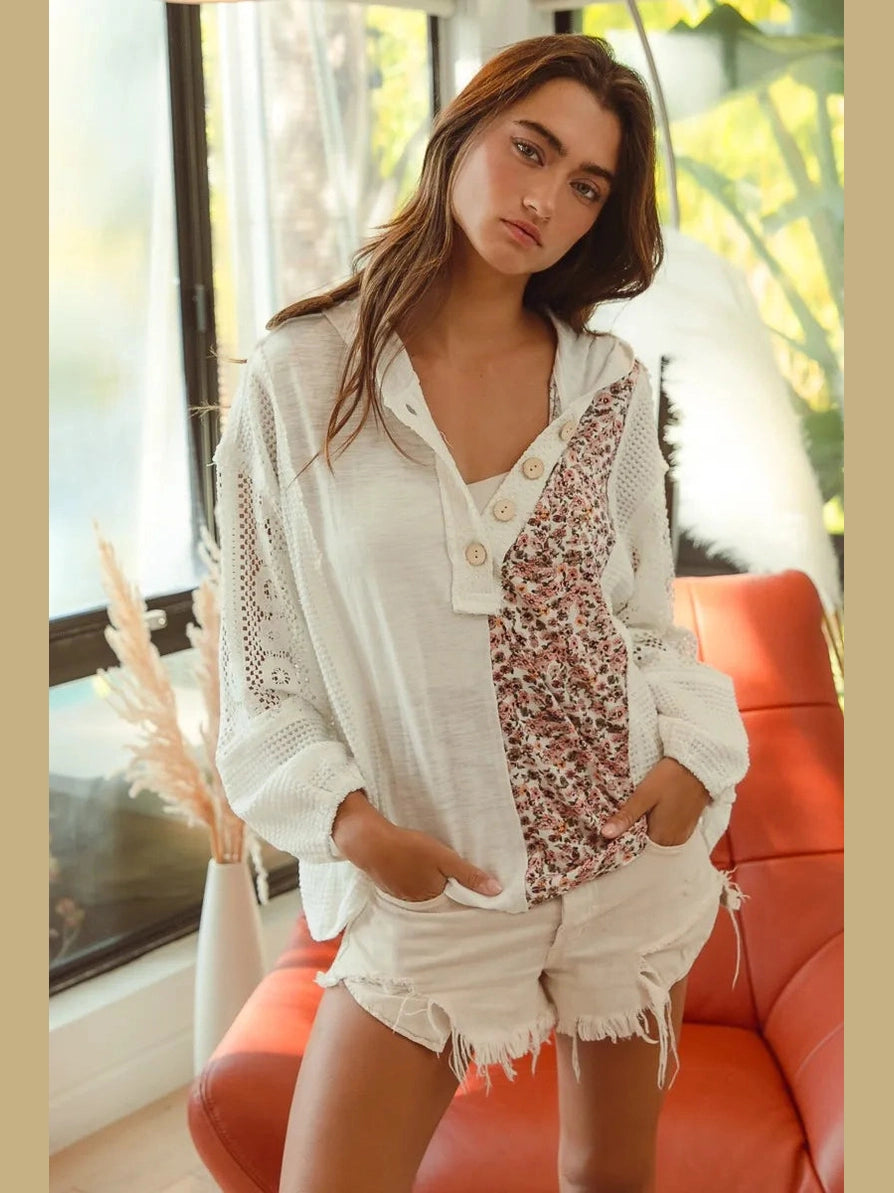 BiBi Slub Jersey with Lace Combo Buttoned Hoodie Top