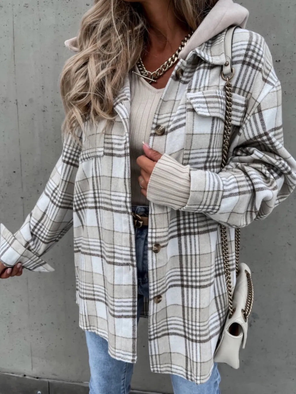 Plaid Dropped Shoulder Hooded Jacket nicholesgifts