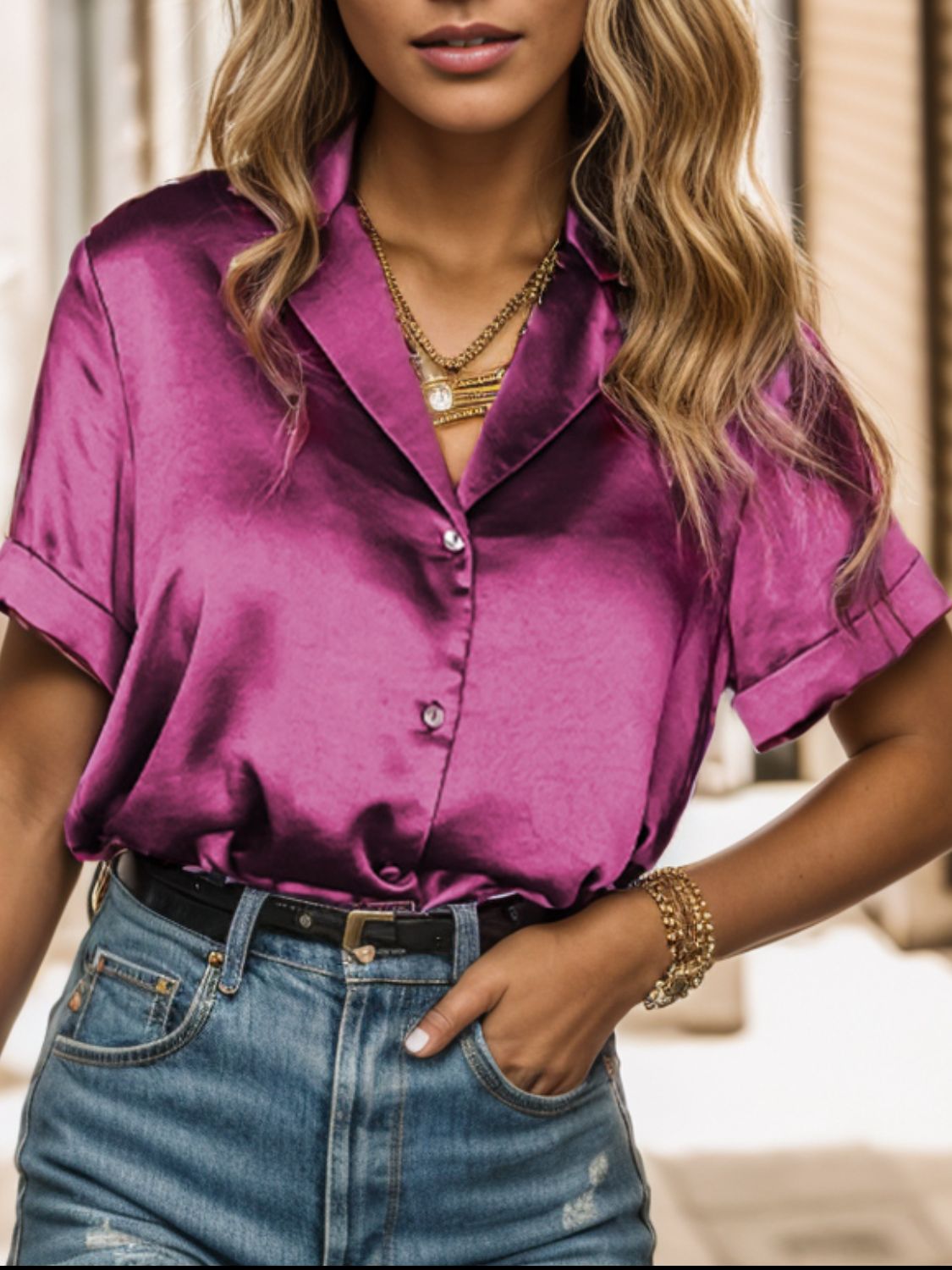 Women Red-Violet Button Up Collared Neck Short Sleeve Shirt nicholesgifts