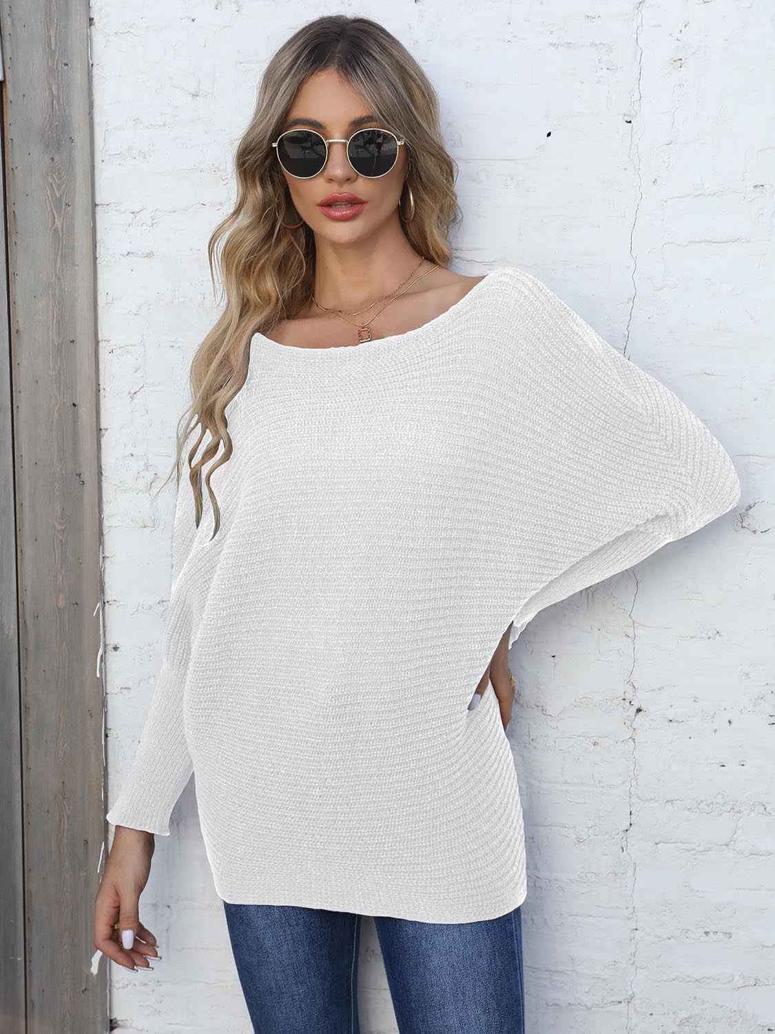 Full Size Horizontal Ribbing Dolman Sleeve Sweater Trendsi