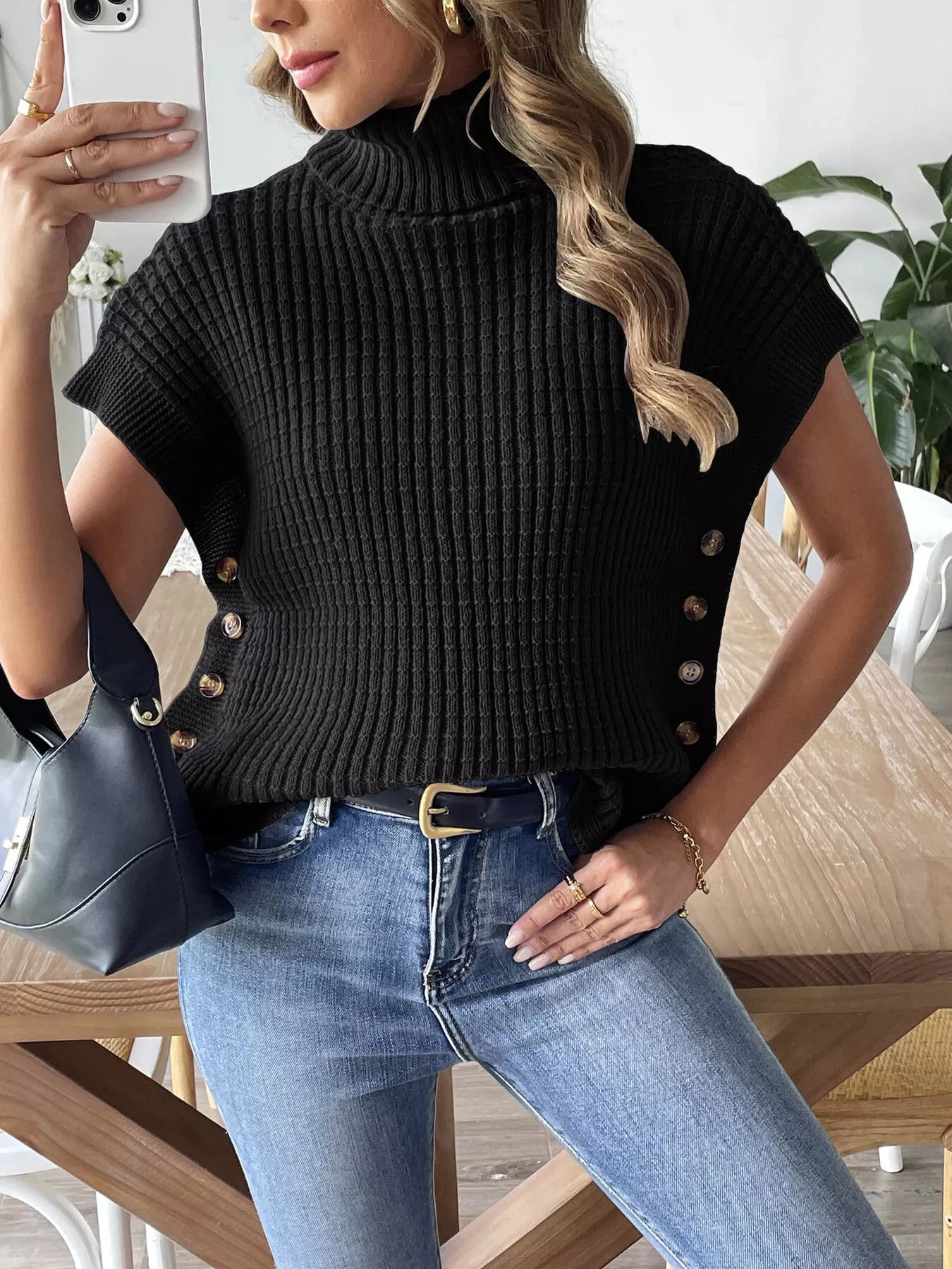 Turtleneck Side Decor Button Sweater Vest nicholesgifts