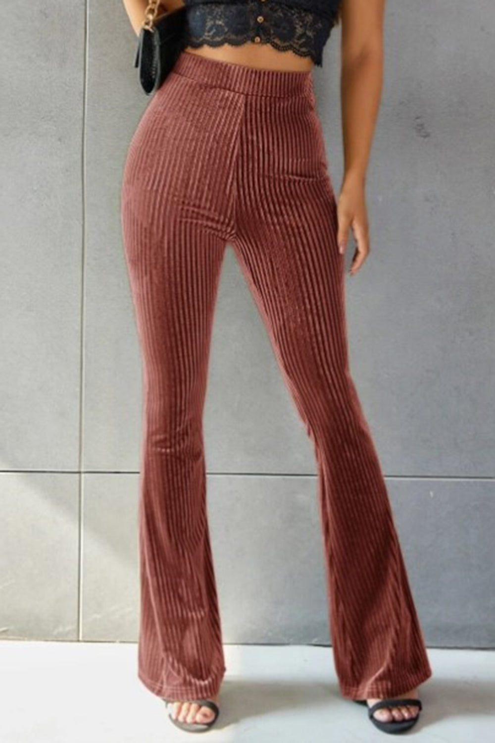 Women Ribbed High Waist Flare Pants nicholesgifts