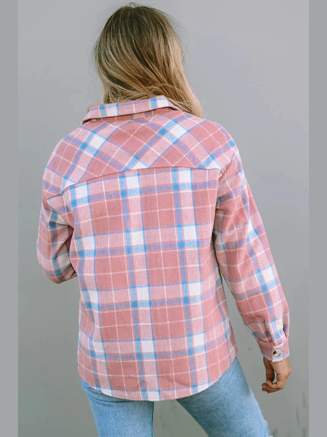 Plaid Pocketed Collared Neck Button Up Jacket nicholesgifts