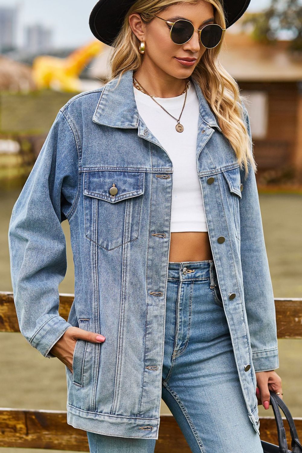Buttoned Collared Neck Denim Jacket with Pockets Trendsi