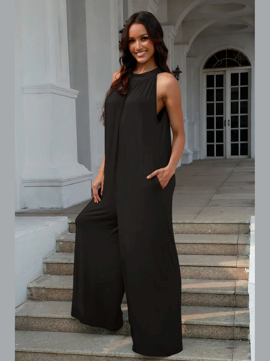 Double Take Full Size Tie Back Cutout Sleeveless Jumpsuit nicholesgifts