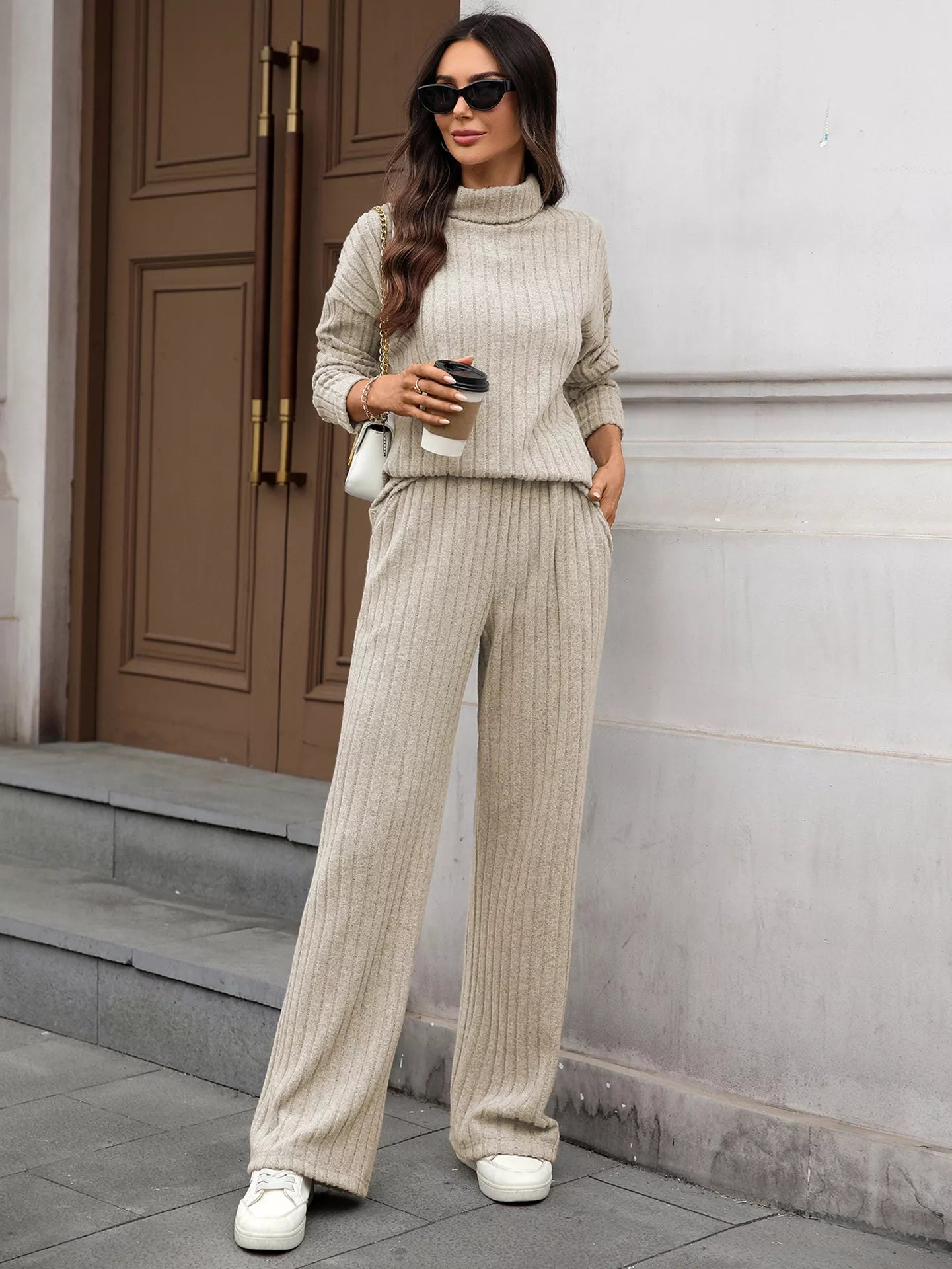 Ribbed Turtleneck Dropped Shoulder Top and Pants Sweater Set Trendsi